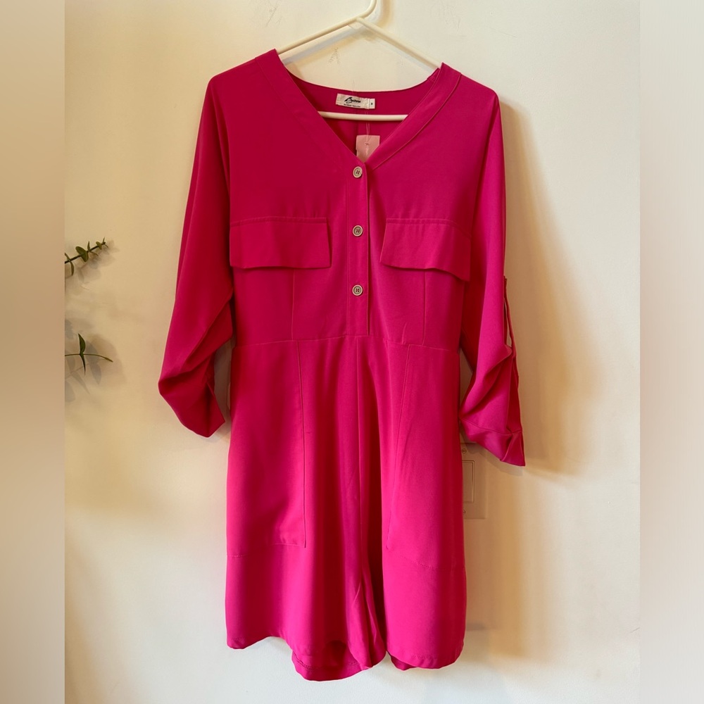 Byinns Women's Pink One Piece Shorts Suit Set Pockets 3/4 Cuffed Sleeves sz M